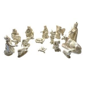 15 Pc Vintage Iridescent & Gold Nativity Set Ceramic Lusterware Minimalist White